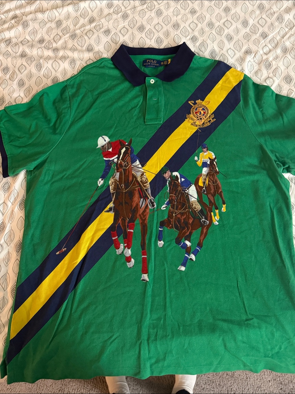 Polo by Ralph Lauren Green Polo Shirt with Navy & Yellow Diagonal Stripes